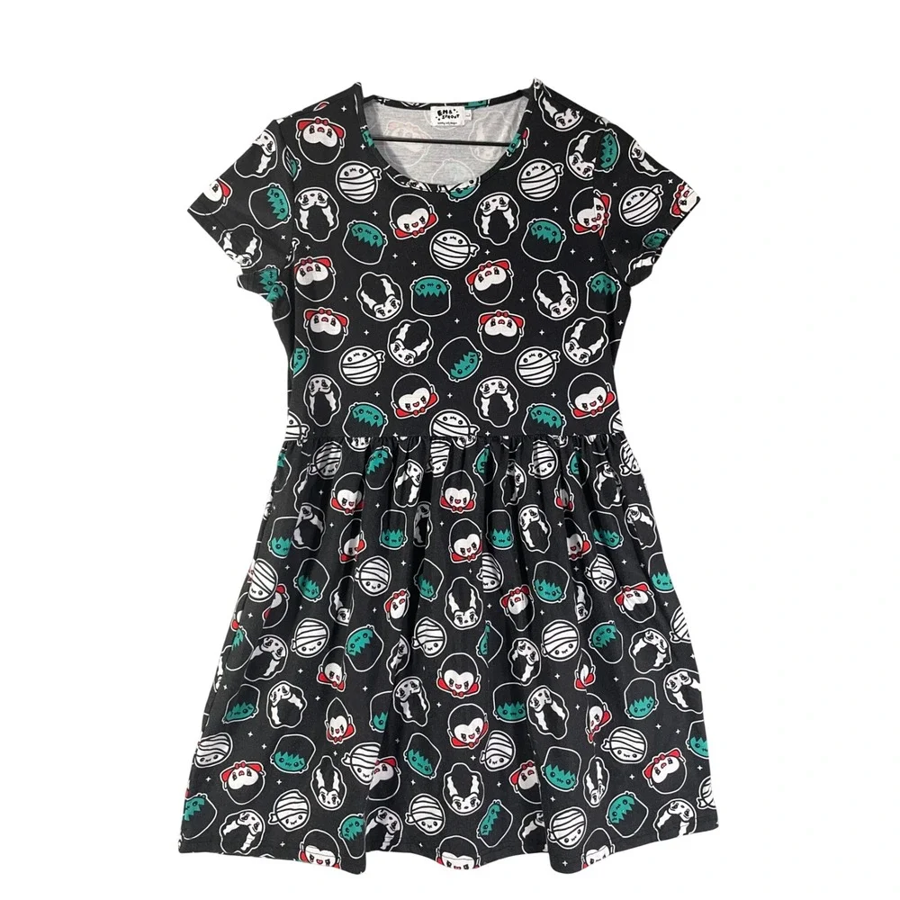 Em and Sprout Girls 10 12 Monster Print Black Skater Dress Halloween Kawaii